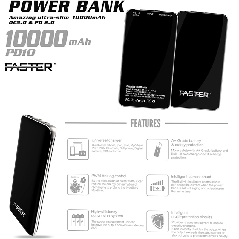 FASTER PD-10 Ultra Slim Power Bank 10000 mAh Quick Charge 3.0