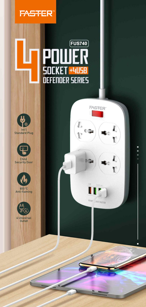 Faster 4 Power Socket 4 USB Smart Switch QC3.0 USB Fast Charging