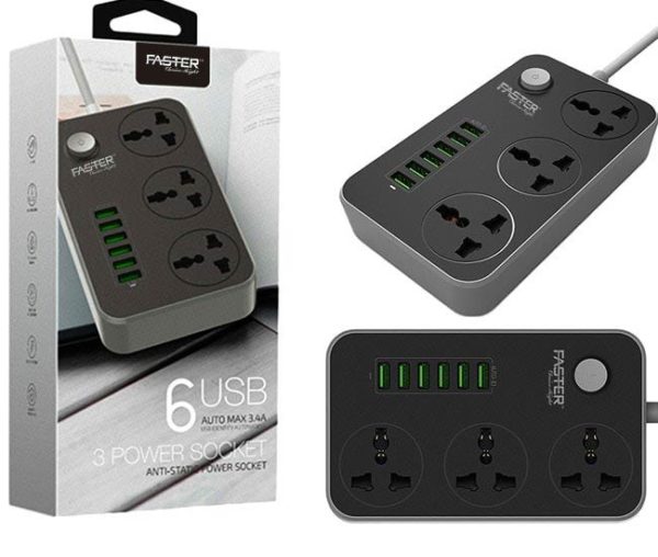 Faster 3 Power Socket & 6 USB Auto Charger - Max 3.4A