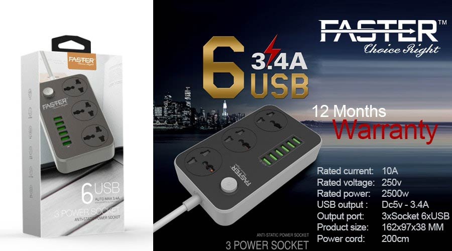 Faster 3 Power Socket & 6 USB Auto Charger - Max 3.4A