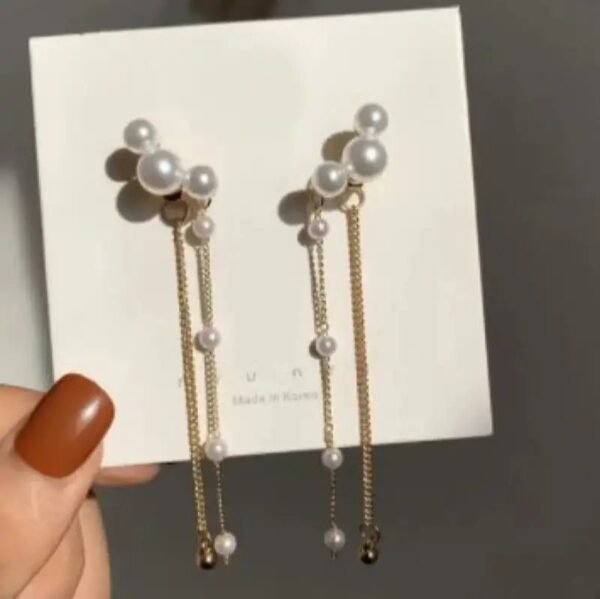 Korean-style long pearl tassel ear cuff dangle earrings