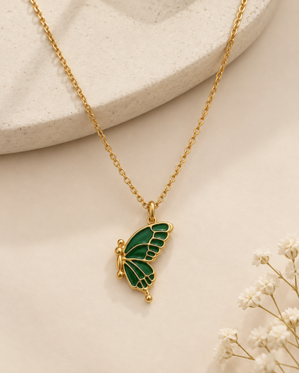 Emerald Green Enamel Butterfly Pendant Necklace