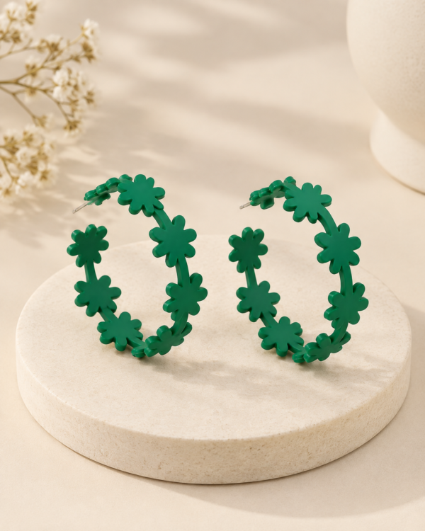 Green Floral Matte Hoop Earrings