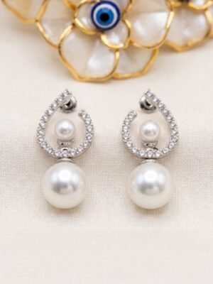 2 in 1 Classic Zircon Pearl Drop Earrings – Silver