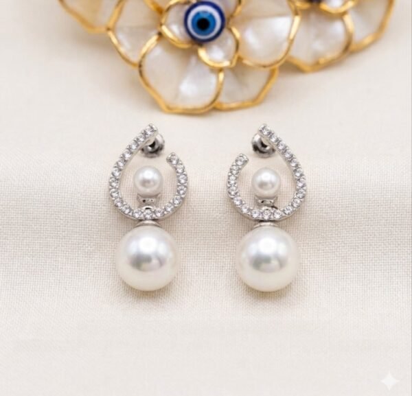 2 in 1 Classic Zircon Pearl Drop Earrings – Silver