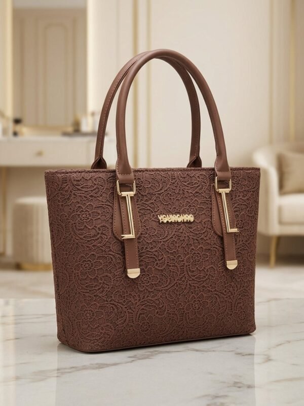 Premium Brown Floral Lace Textured Women's Tote Handbag